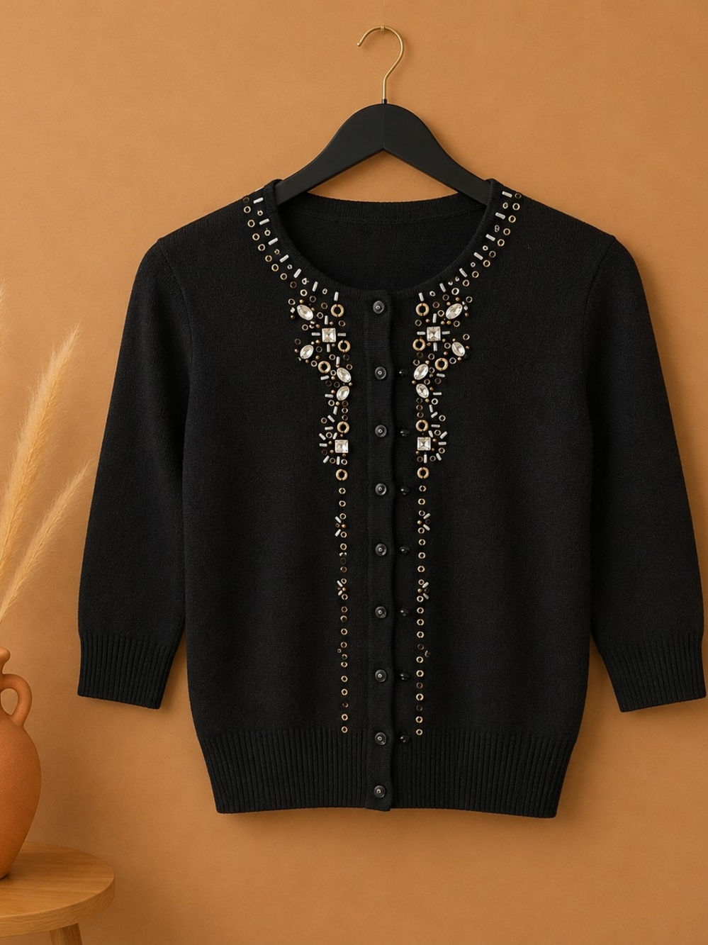 Embellished Black Button-Up Sweater Cardigan